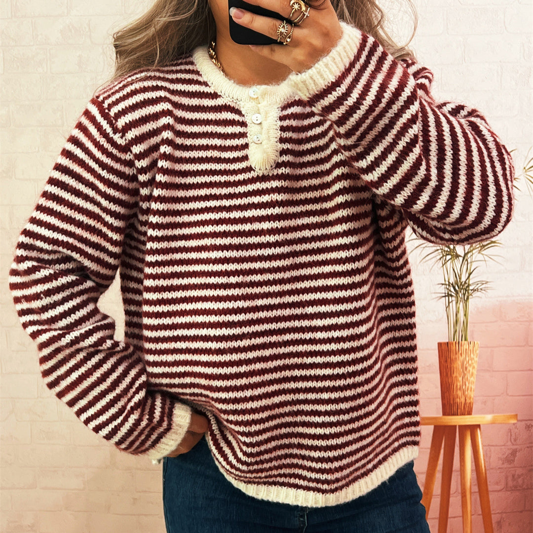 Kvinder casual stribet sweater med knapliste og rund halsudskæring Stilla