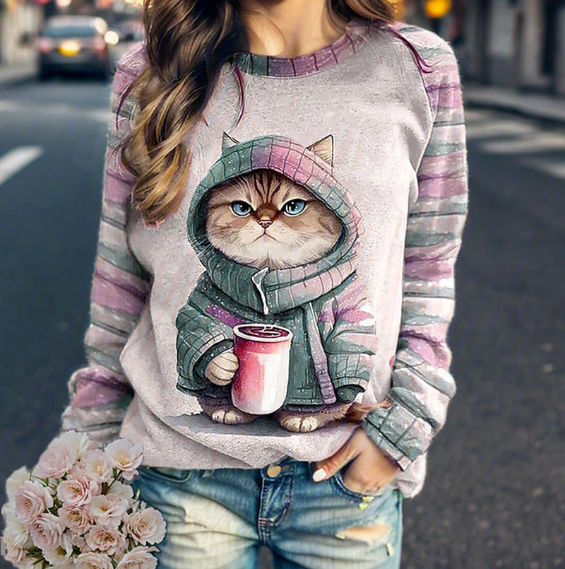 Damer med afslappet sweatshirt med stort kattefrontprint og stribede raglanærmer Skovae