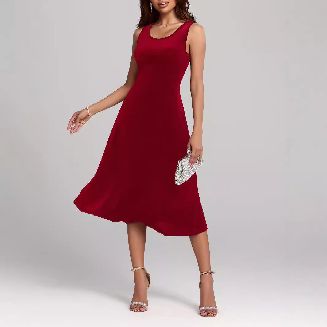 Dame elegant Midi-kjole med svajende skirt og rund halsudskæring Stilla