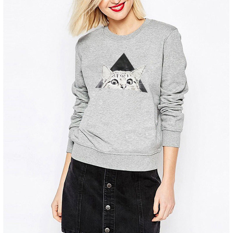 Kvinders sweatshirt med kattemotiver og kreativ geometrisk design Stilla