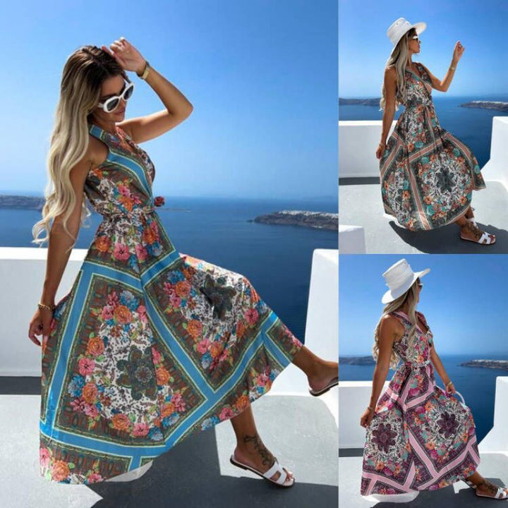 Dame Floral Print Maxi Kjole med stilfuld Bindebælte Stilla