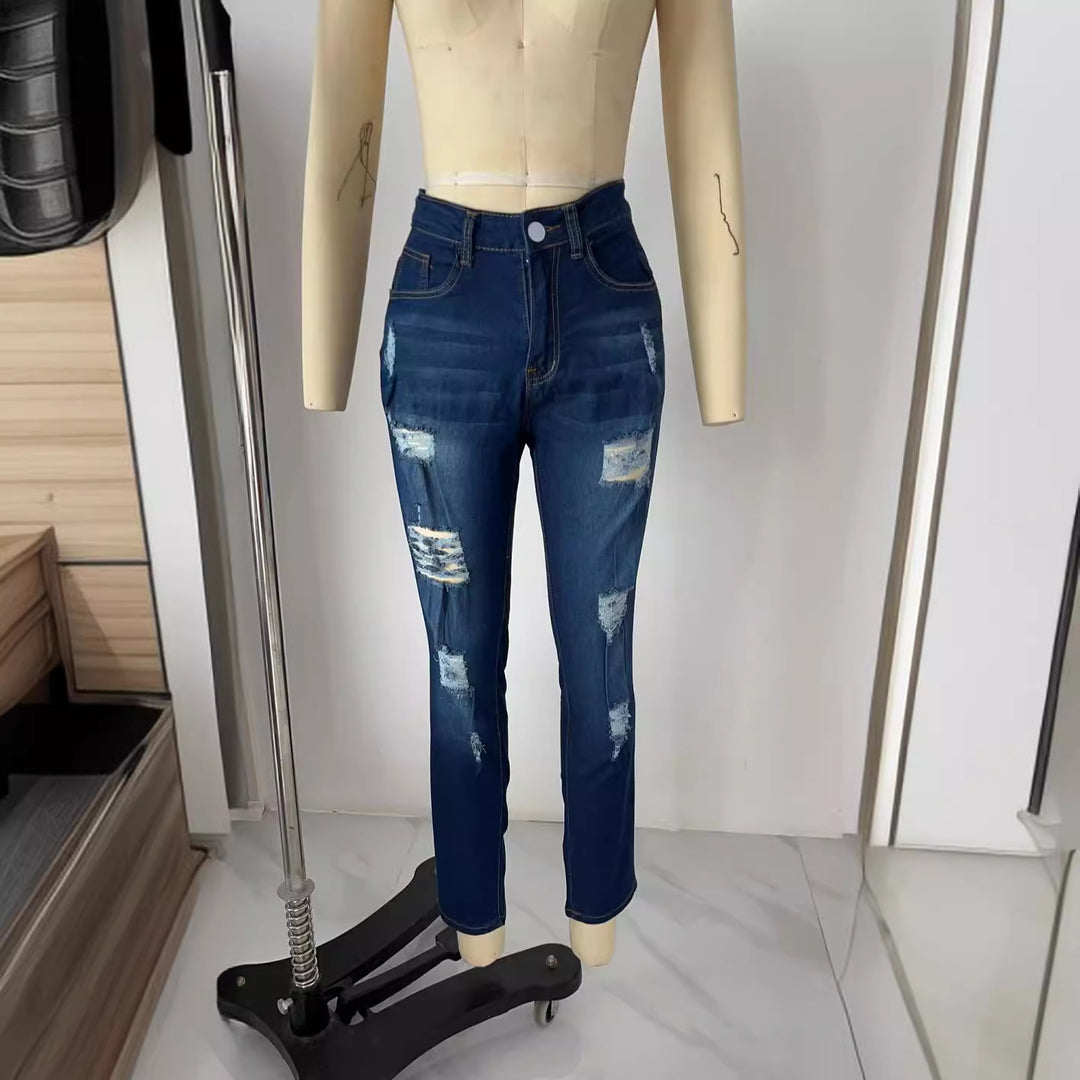 Dame Slim-Fit Jeans med trendy Ødelagt-detaljer Skovae