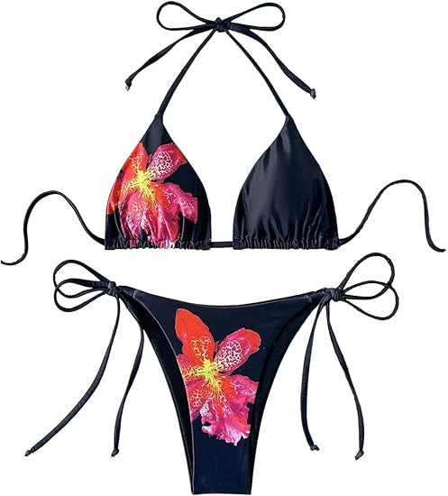 Dame Triangel-bikini med legende blomster mønster og justerbare bindebånd Stilla