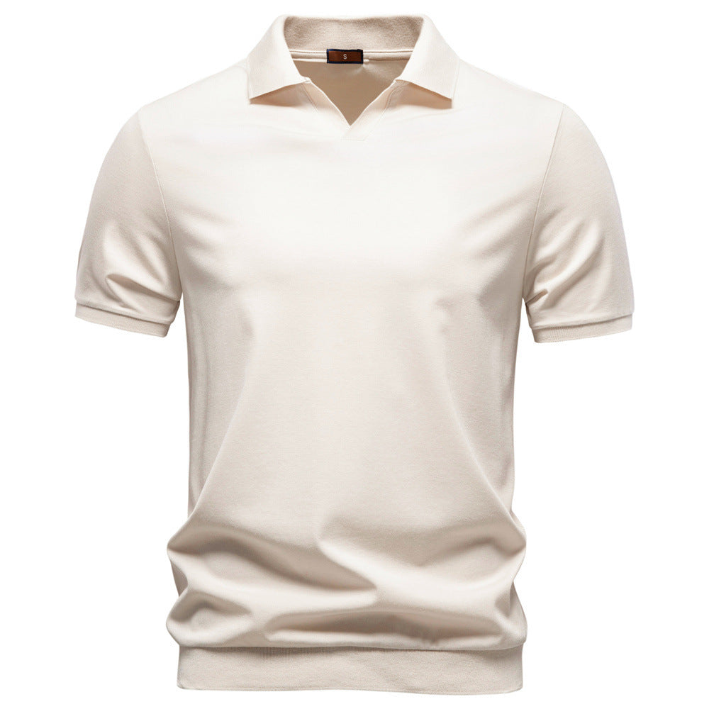 Herren nan finstrikket kortærmet poloshirt med åbent V-krave og elastisk kant Skovae