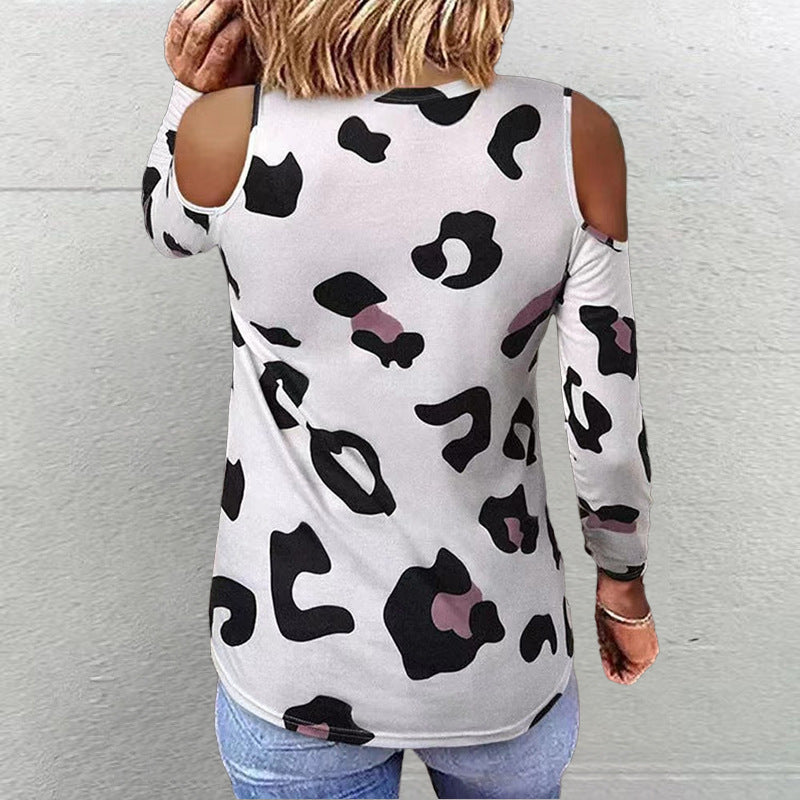 Dame langærmet shirt med fashionable cut-outs og moderne leopardmønster Stilla