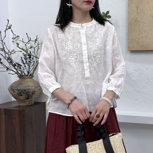 Femme Broderet Linned Knap Bluse Stilla