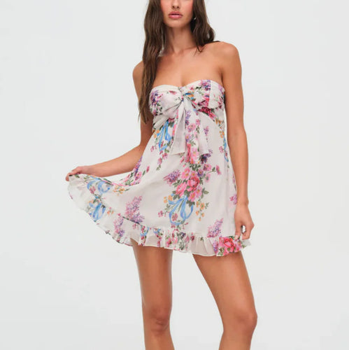 Dame uden stropper chiffon sommerkjole med blomsterdesign bandeau-top og flæsebesætning Skovae