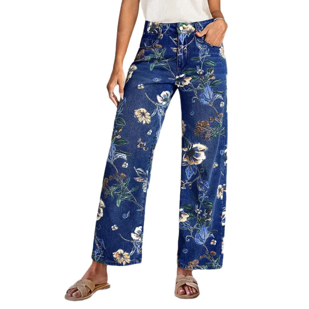 Kvindelige brede snit jeans med blomsterdesign og høj talje