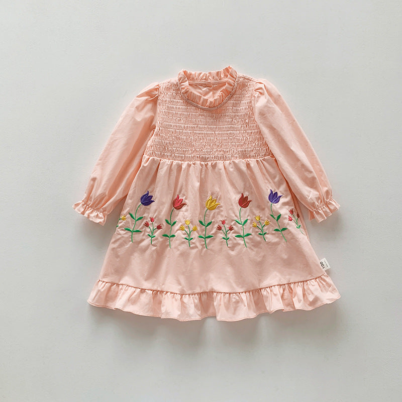 Pige Floral Broderet Langærmet Kjole Stilla