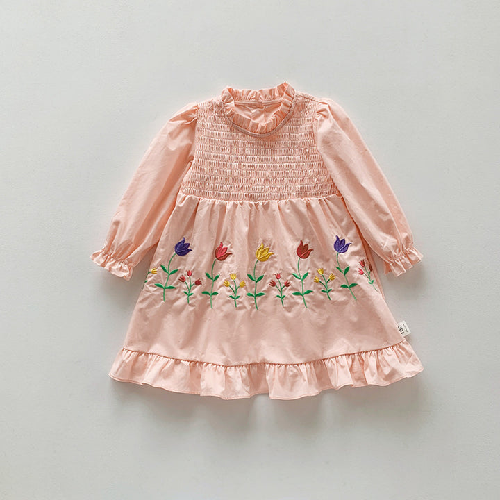 Pige Floral Broderet Langærmet Kjole Stilla