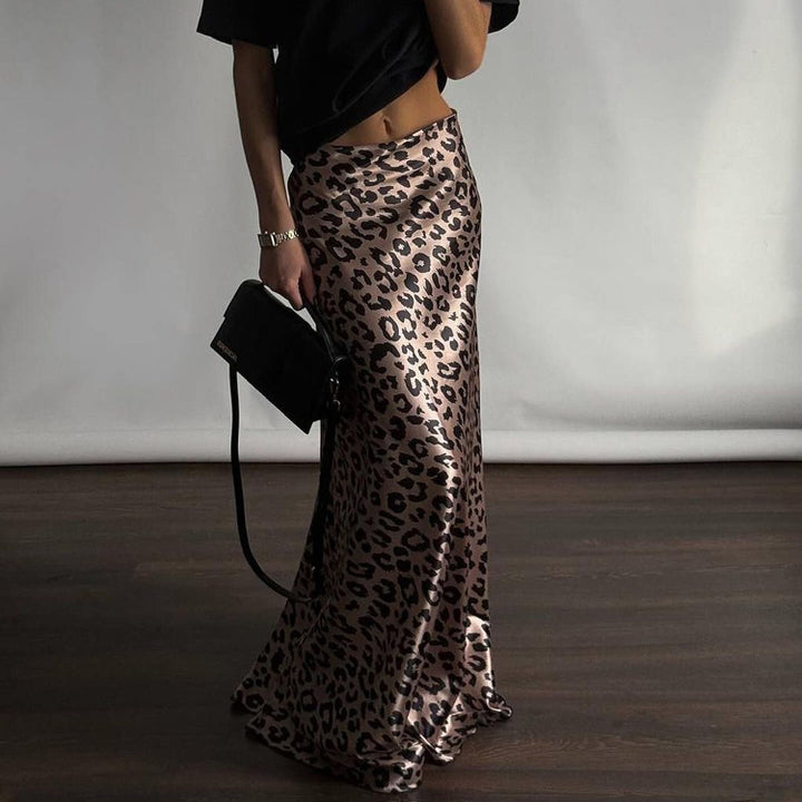 Dame maxiskørt med trendy leopardmønster og elastisk talje Stilla
