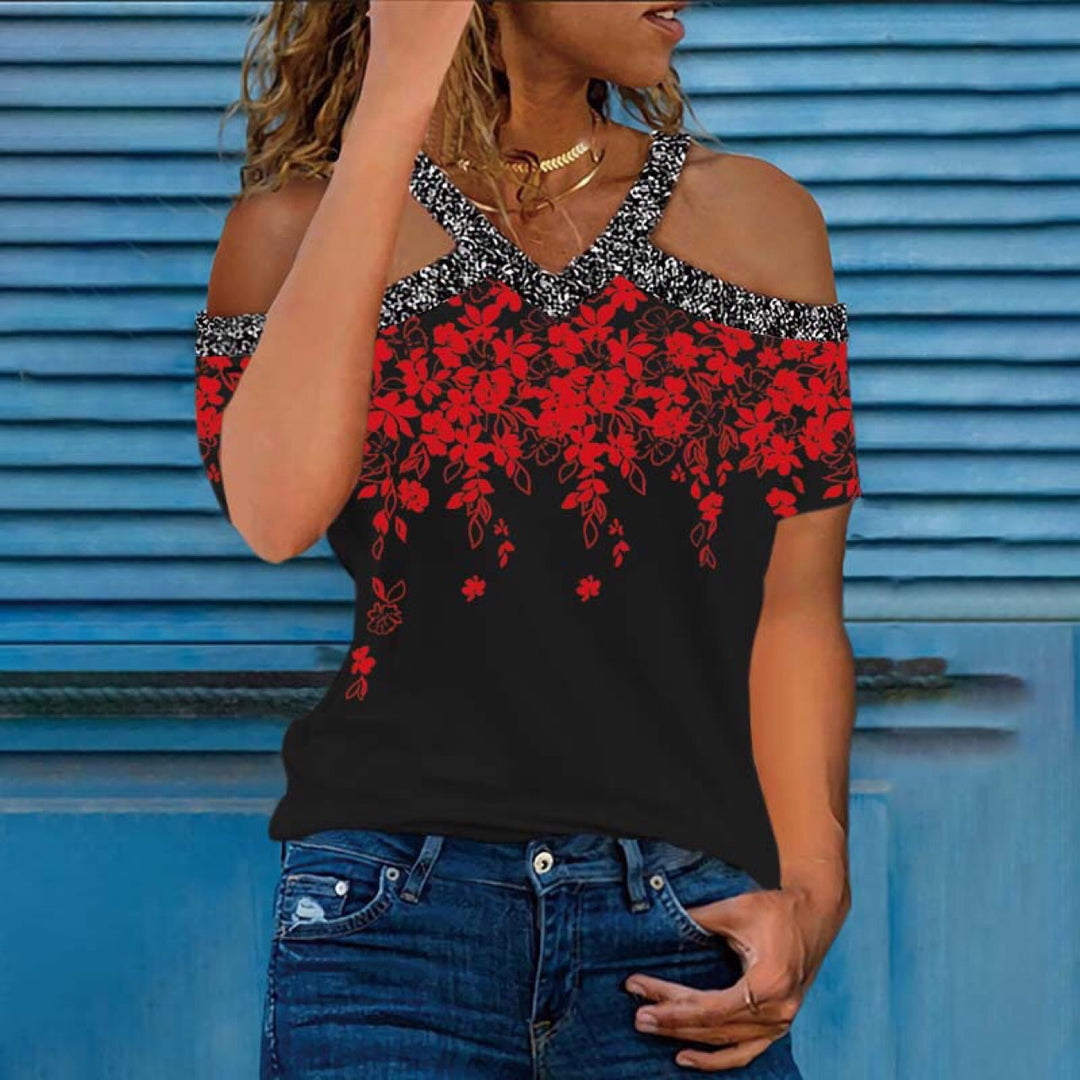 Dame Kold Skulder Blomster Mønster Top Stilla