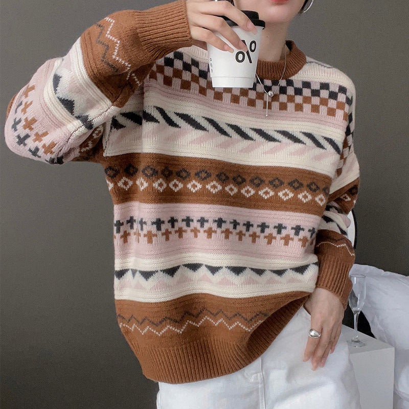 Kvindernes chunky strik sweater med geometrisk mønster og løs pasform Stilla