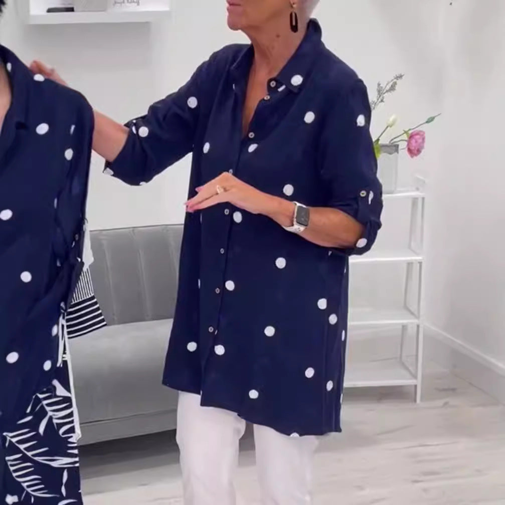 Dame Langærmet Bluse med fashionable Polka-Dots mønster og elegant Krave Stilla