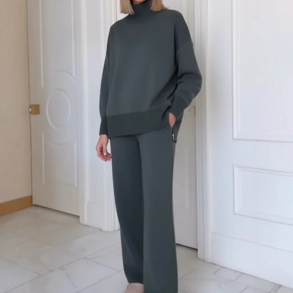 Damers Komfortable Strikket Loungewear Sæt med Højhalset Sweater og Bredskårede Bukser Stilla
