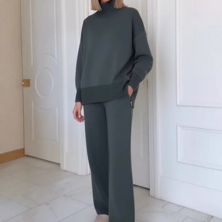 Damers Komfortable Strikket Loungewear Sæt med Højhalset Sweater og Bredskårede Bukser Stilla