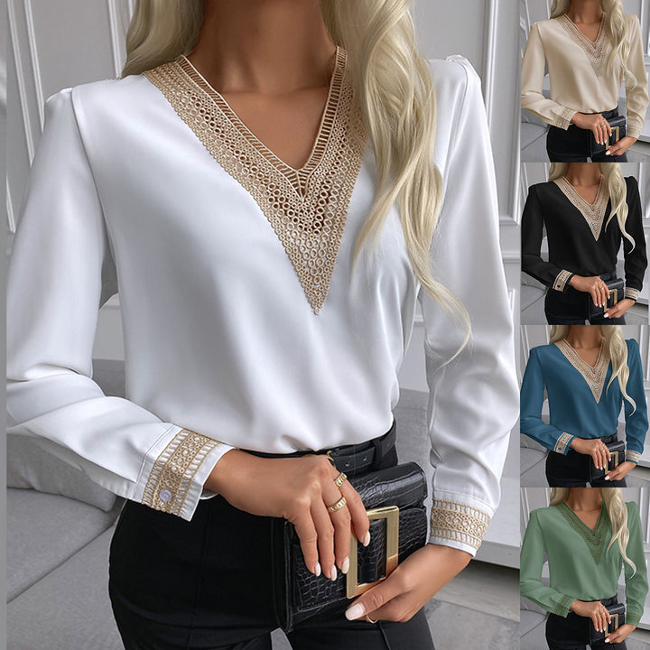 Damebluse med elegante hækle-detaljer og V-udskæring Stilla