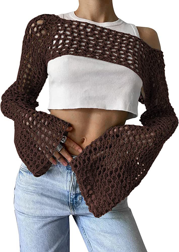 Dame hæklede langærmet top med off-shoulder design Skovae