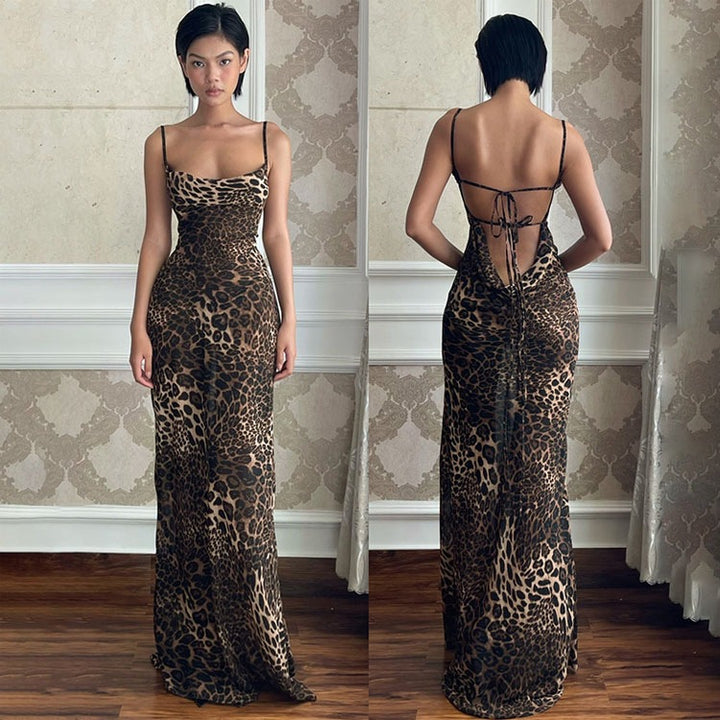 Dame Elegant Rygfri Maxi Kjole med Leopardmønster Stilla