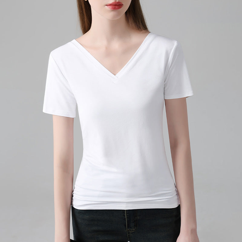 Dame elegant V-hals T-shirt lavet af høj kvalitet bomuldsblanding med figursyet pasform Stilla
