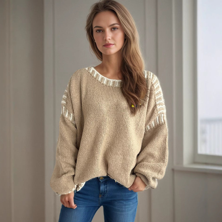 Kvinders chunky strikpullover med en afslappet pasform og stribede ærmer Stilla