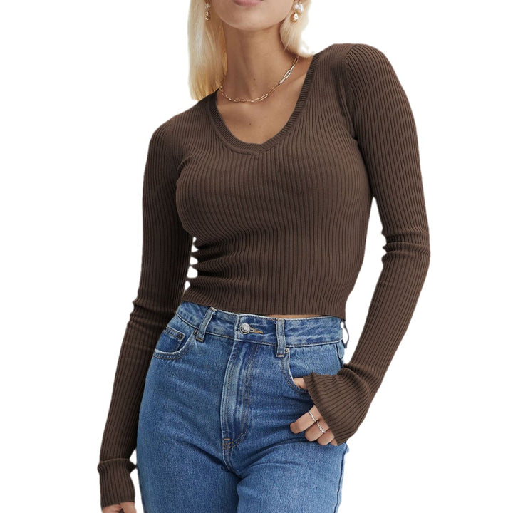 Dame figurtilpasset rib-crop-top med V-udskæring og lange ærmer Stilla