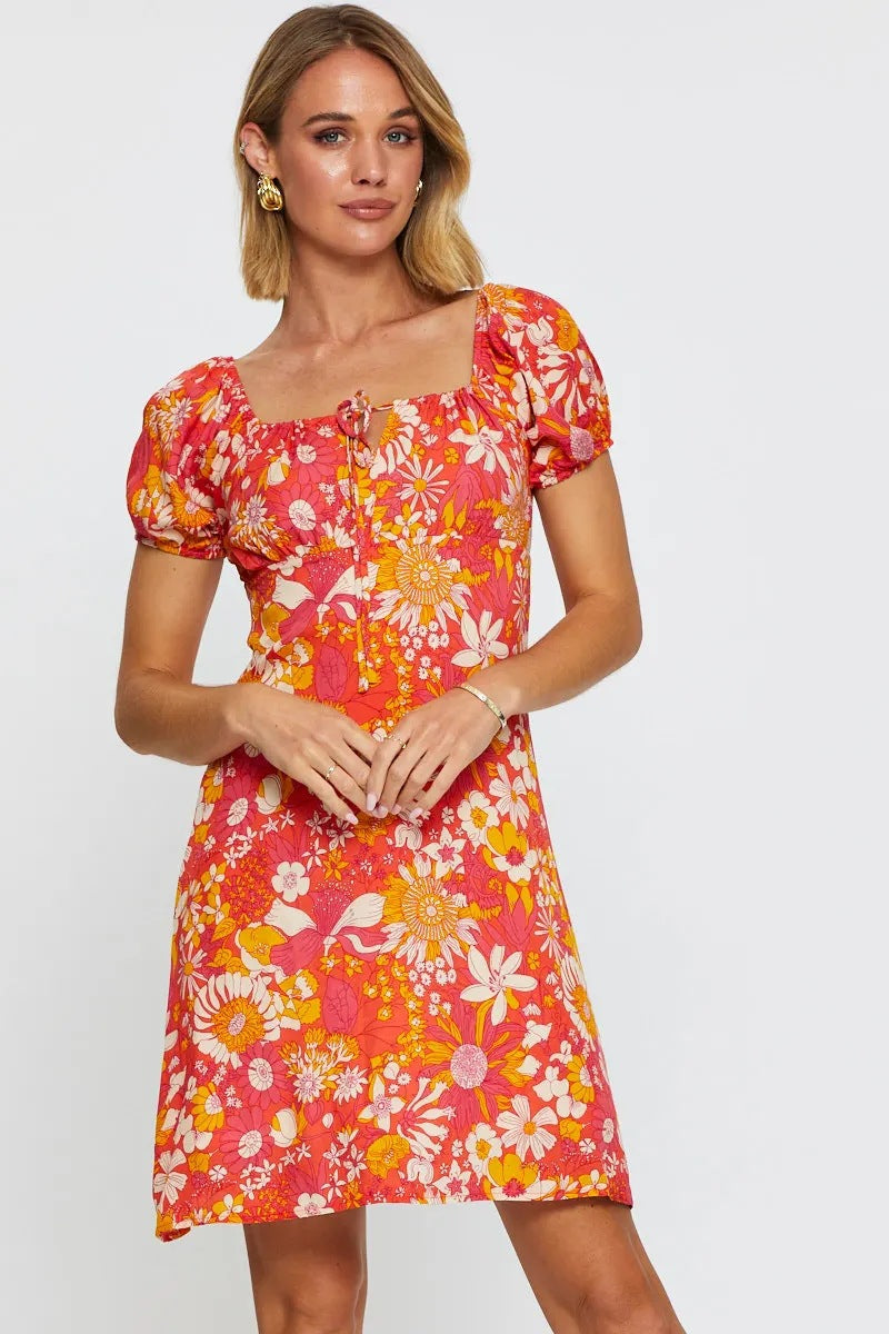 Dame Floral A-linje Mini Kjole med Puffærmer Stilla