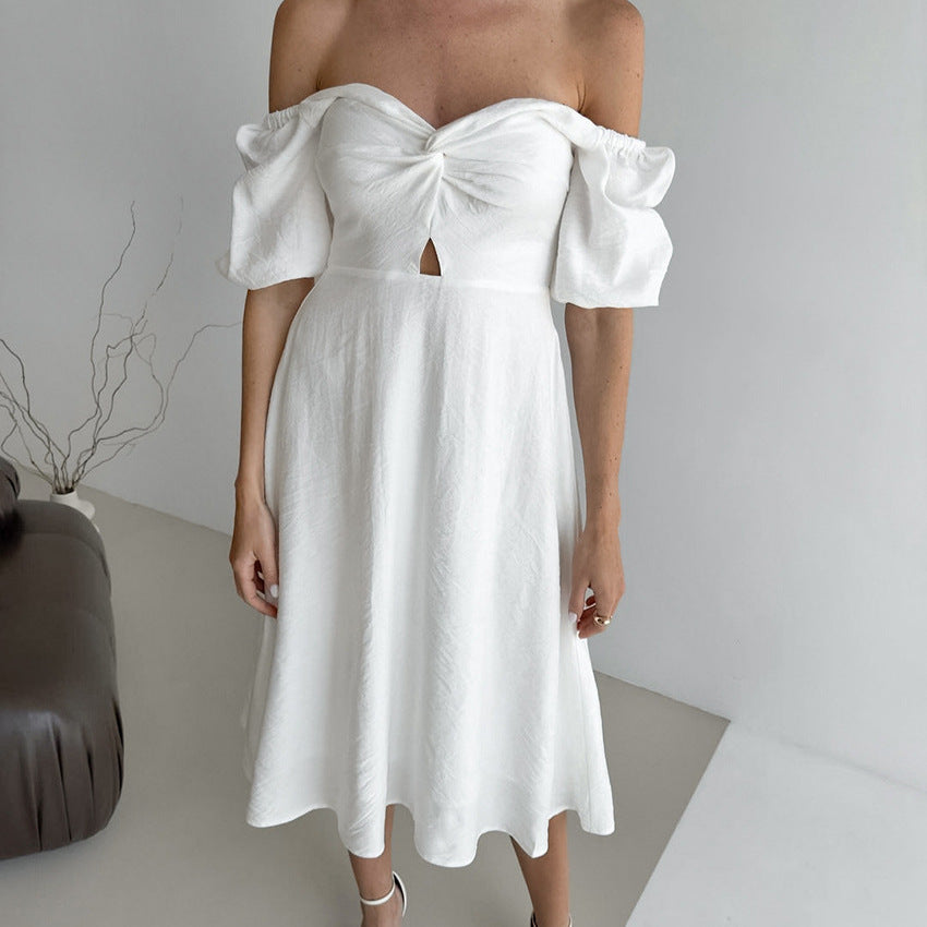 Dame Midi-Kjole med off-shoulder design og voluminøse puffærmer Stilla