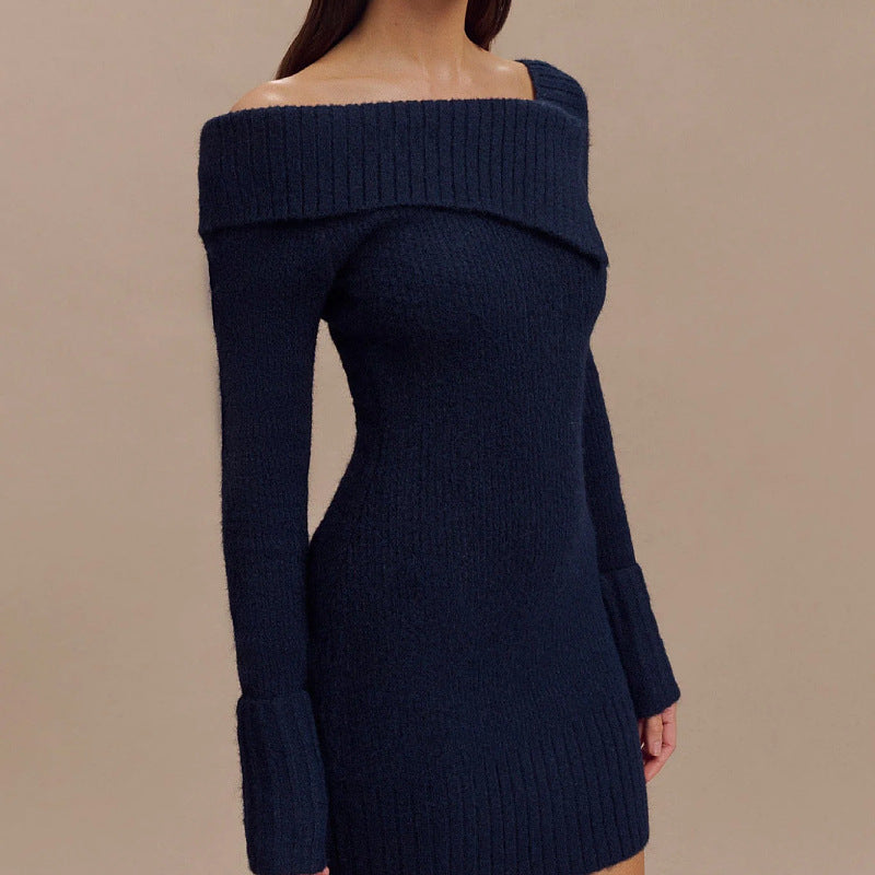 Dame Off-Shoulder Strikkjole med Ripstruktur og Lang Arm Stilla