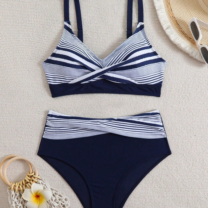 Dame Højtaljeret Bikini med stribet design og figuroptimerende overdel Stilla