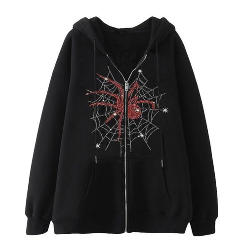 Kvinders hoodie jakke med glitrende edderkop mønster og praktiske lommer Skovae