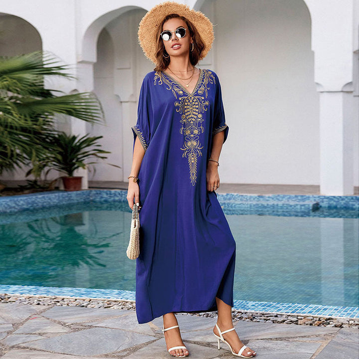 Dame elegant Strandkaftan med omfattende broderi og lommer Stilla