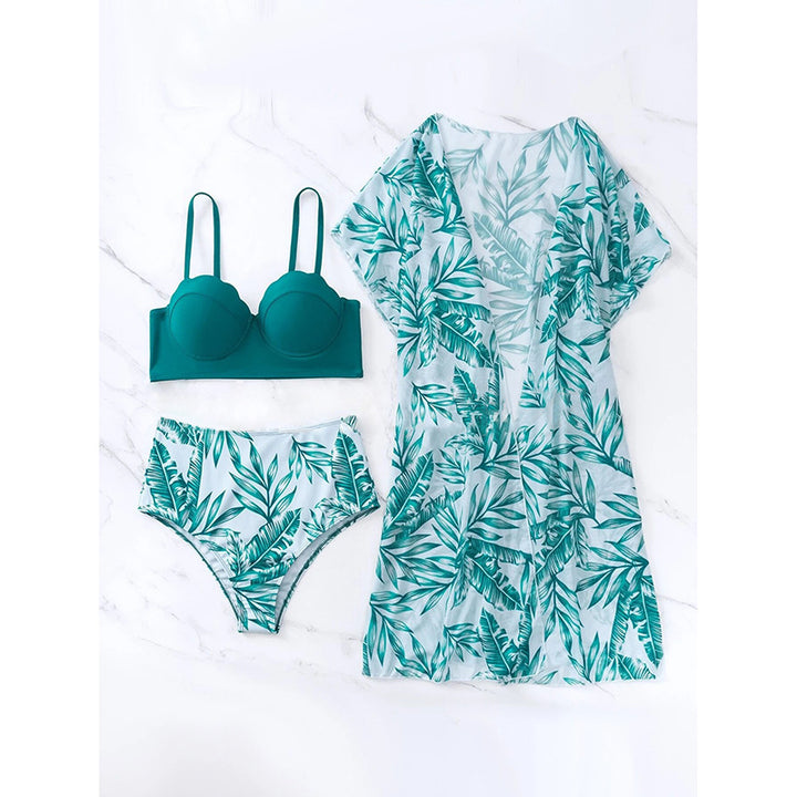 Dame Højskåret Bikini med elegant Scalloped-top og blomster Cover-Up Skovae