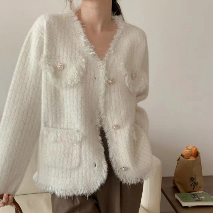 Kvinders cardigan med dekorative perler og frynset detaljer Stilla
