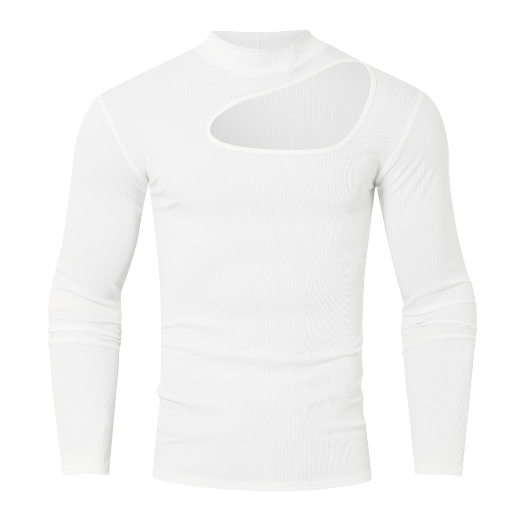 Dame med en tætsiddende langærmet top lavet af fin rib jersey med asymmetrisk skulderudskæring og høj krave Skovae