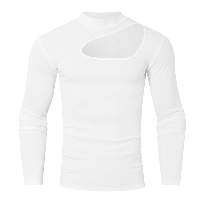 Dame med en tætsiddende langærmet top lavet af fin rib jersey med asymmetrisk skulderudskæring og høj krave Skovae