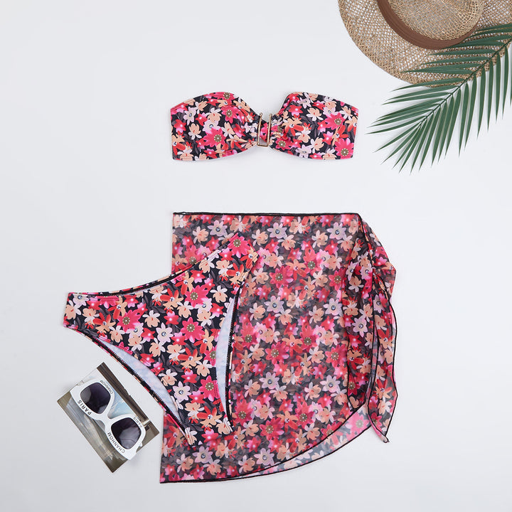Dame bikini sæt med blomster mønster og indpaknings nederdel Stilla