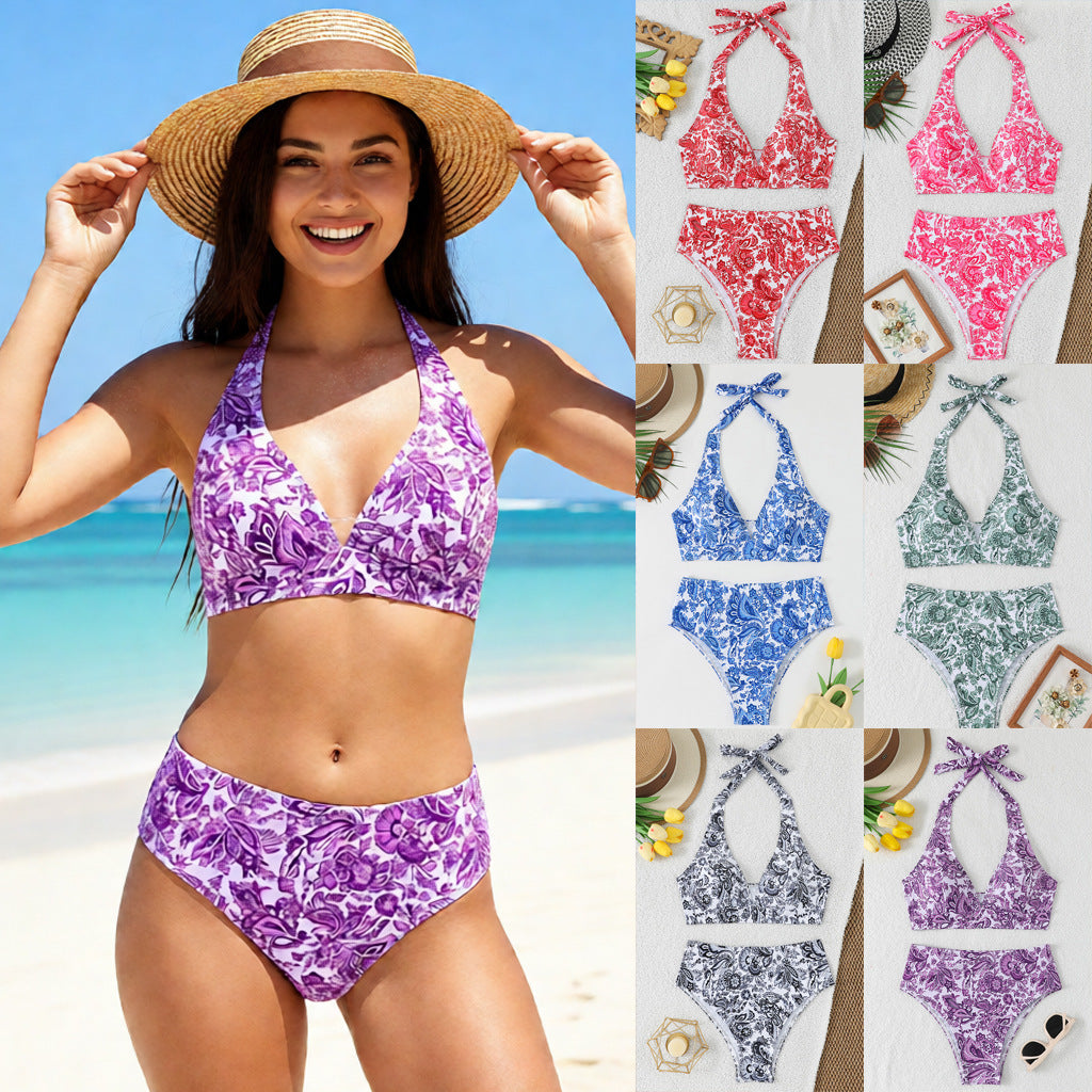 Dame Høj talje Bikini-sæt med blomsterdesign og legende halter top Skovae
