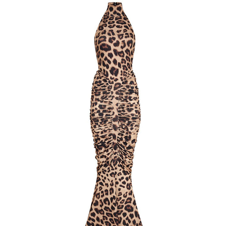 Dame Elegant leopardmønster maxikjole med høje kraver og raffinerede snit Skovae