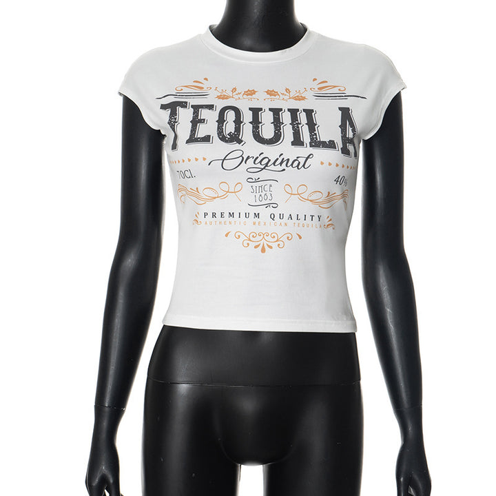 Dame Crop-Shirt med vintage grafikprint og figursyet snit Stilla
