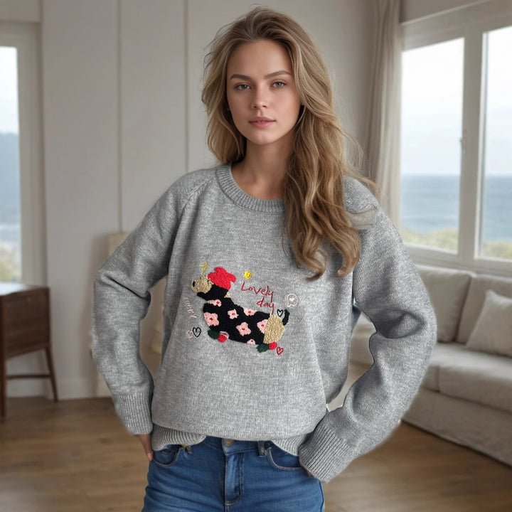 Kvindernes legesyge sweatshirt med unikt dyremotiv og blomsterbroderi Stilla