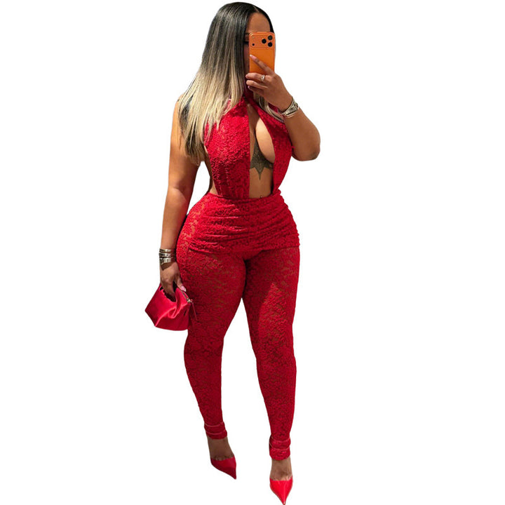 Dame Elegant spidss jumpsuit med dyb V-udskæring og tætsiddende design Skovae