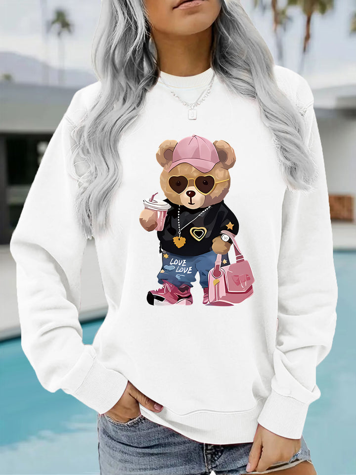 Kvinders sweatshirt med unikt tegneserie-bjørn design og trendy tekst Stilla