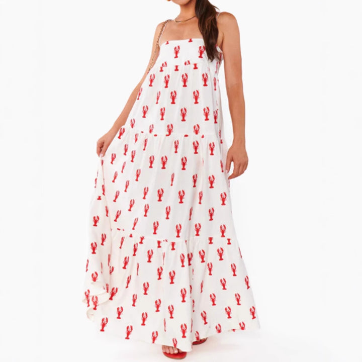 Dame strapless bandeau maxikjole med lagdelt volantnederdel og maritim hummermotiv Skovae