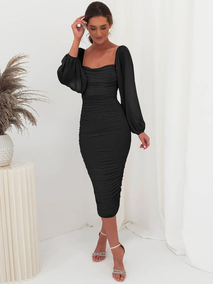 Dame elegant Midi-kjole med puffærmer og raffinert flæse-design Stilla