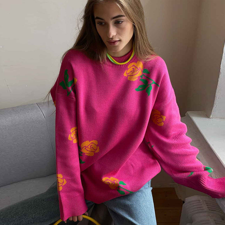 Kvindernes mønstrede strikkede sweater med blomstermotiv og løs pasform Stilla