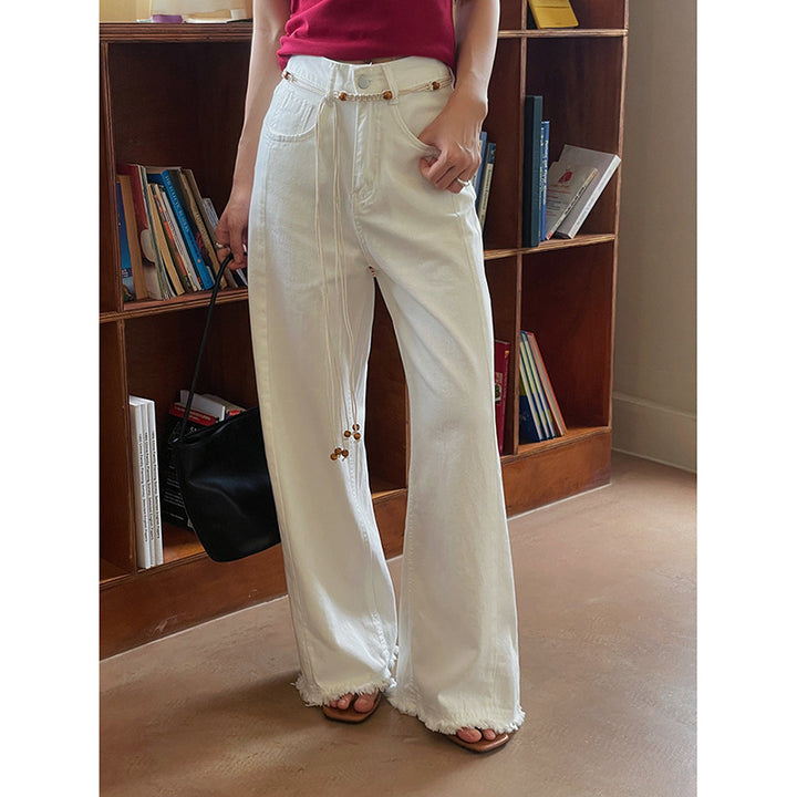 Dame High-Waist jeans i vidde snit med justerbar talje og frynset kant Stilla