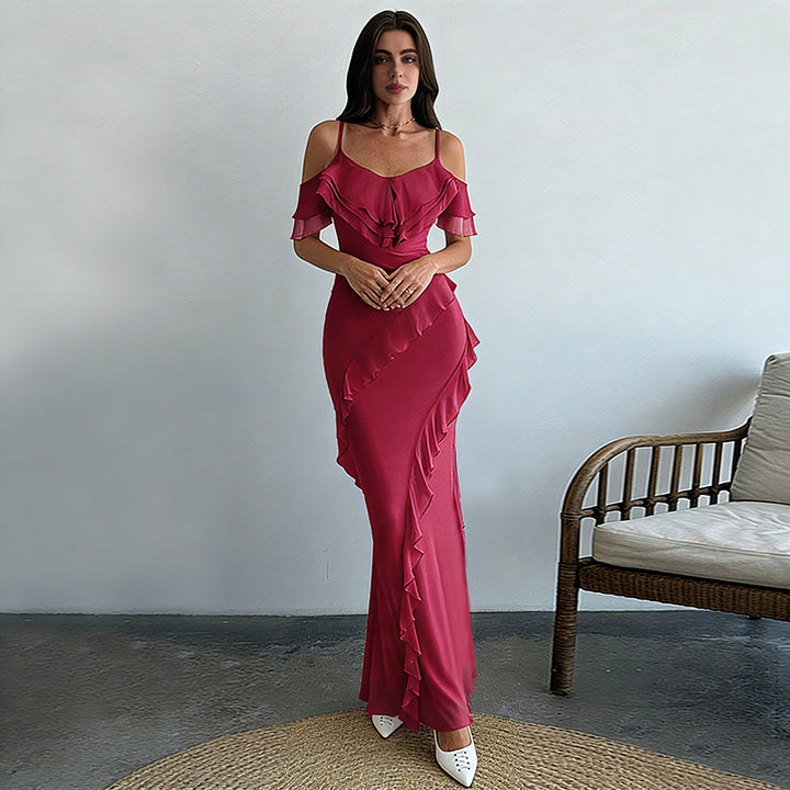 Kvinders elegante maxi kjole med asymmetrisk flæse design