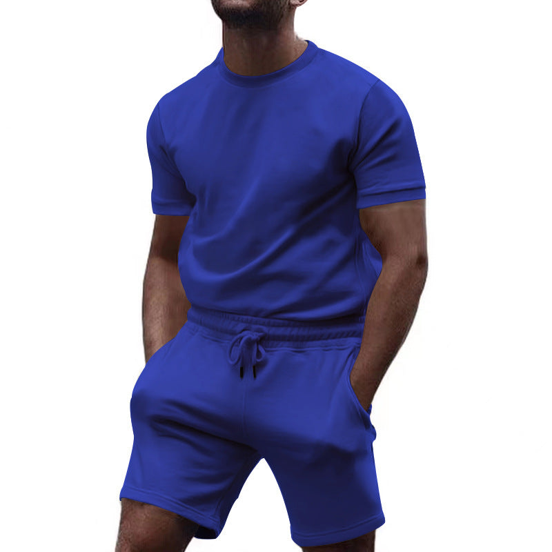 Herren nan minimalistisk jersey-sæt med komfortabel rundhalset skjorte og elastisk tunneltræk-kortbuks Skovae