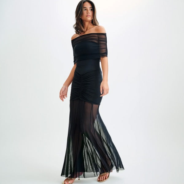 Dame Elegant Maxi-kjole med skulderfri design og rynker Skovae